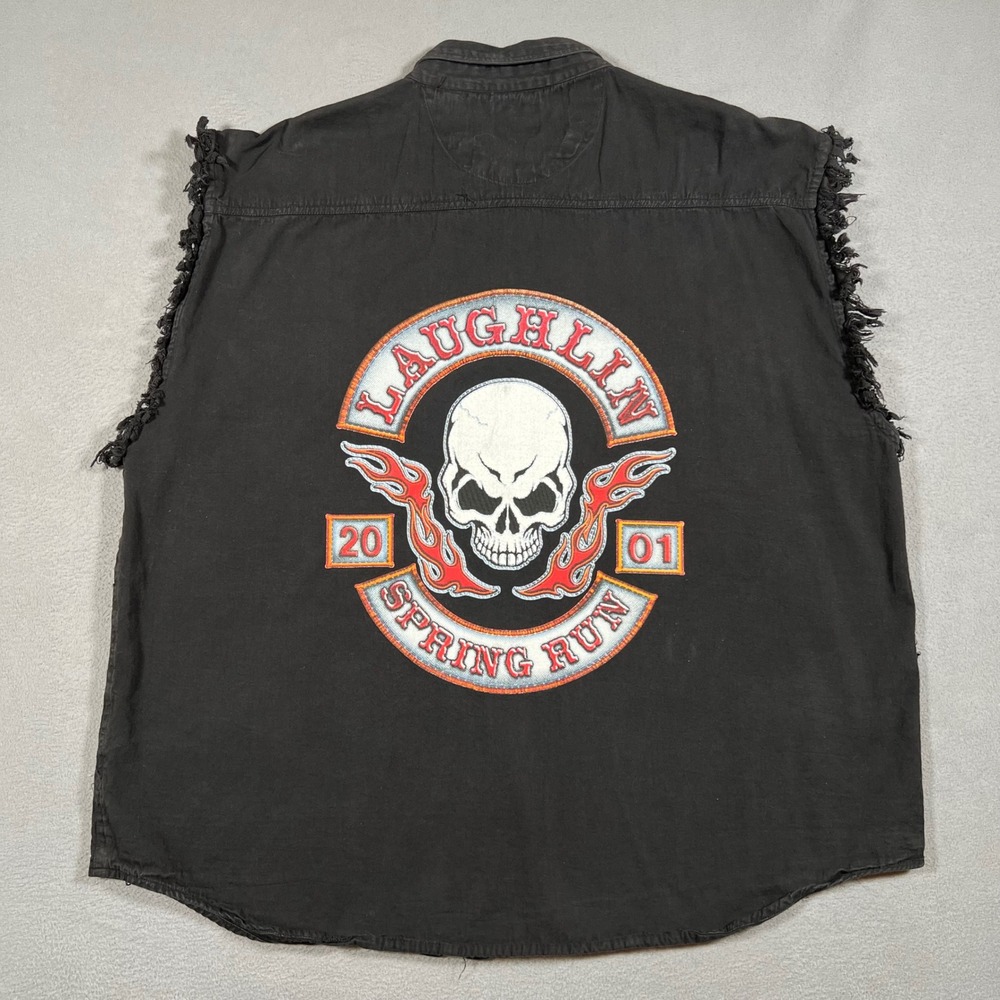 Laughlin Nevada Spring Run 2001 Biker Vest Mens 3XL Black Shirt Skull Flames‎